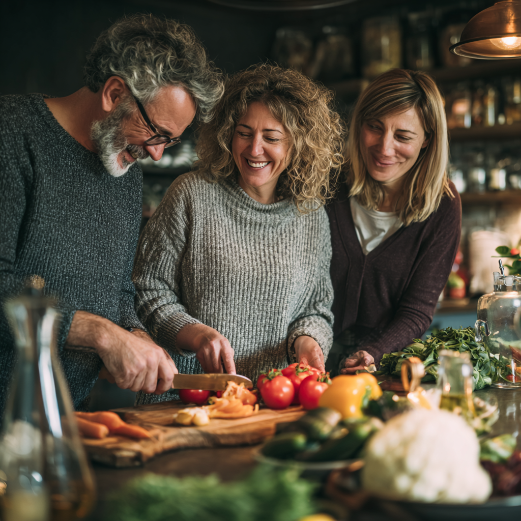 Boldog magyar felnőttek különböző korosztályból, egészséges ételek előkészítésével foglalkoznak a modern konyhában, természetes fény és színes zöldségek